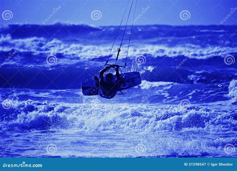 Kite Surfer Silhouette On Blue Sky Background Stock Image Image Of