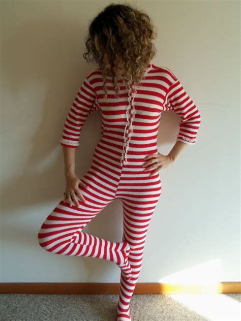 Vintage Red And White Striped Holiday Adult Onesie Footed Soft Pajamas Etsy Adult Onesie