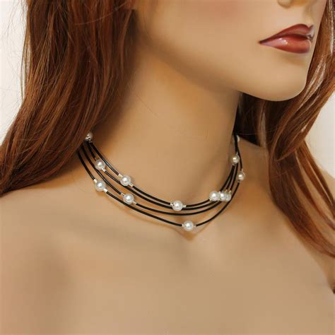 Multi Strand Black Leather Pearl Choker Necklace Jewelshart Inc