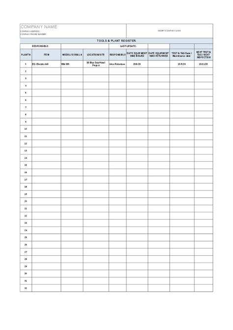 Tools And Plant Register Template Project Management Etsy Australia