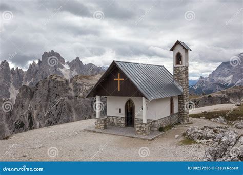 Mountain Chapel Near Tre Cime Di Lavaredo In Dolomites Alps Stock Photo