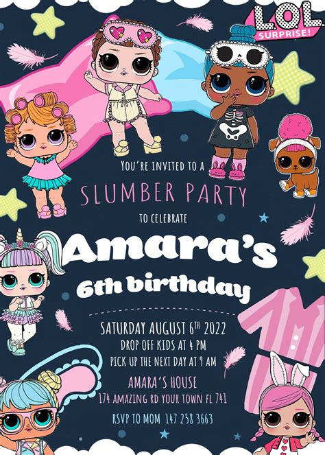LOL Surprise Dolls Slumber Party Invitation Birthday Invite