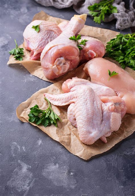 Raw Chicken Meat Fillet Thigh Wings And Legs Containing Chicken Wing