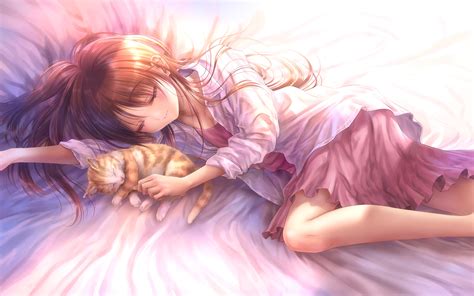 Goto P Long Long Love Song Highres 1girl Bed Sheet Brown Hair Cat
