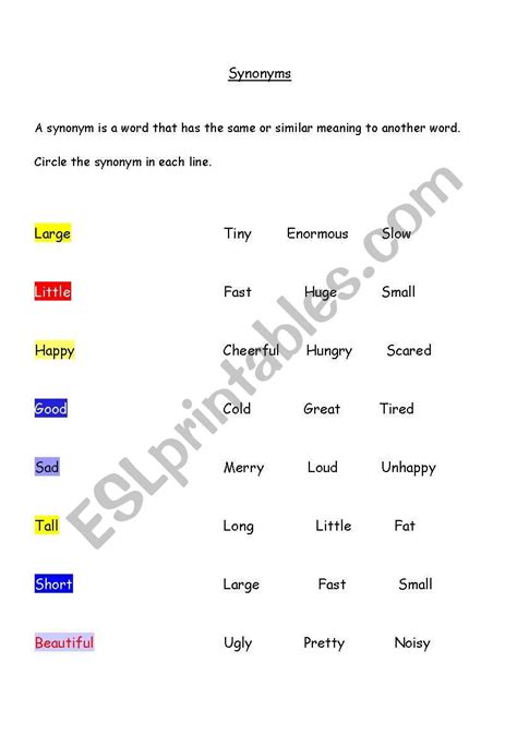 Synonyms And Adjectives Esl Worksheet By Lulublue24 97a