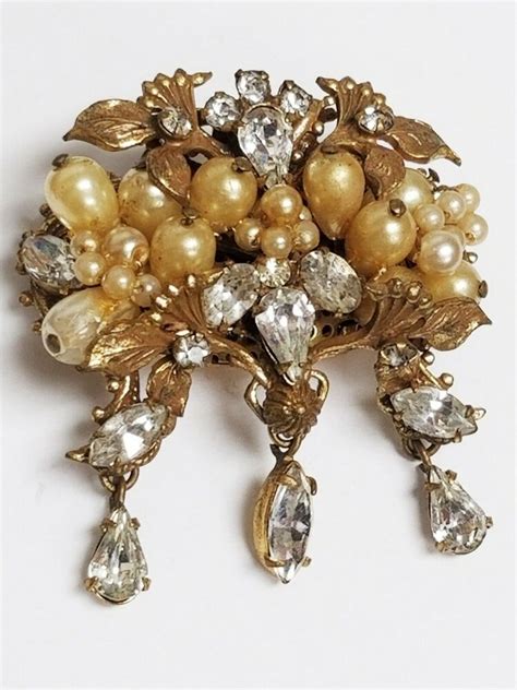 Vintage Antique Faux Pearl Cluster And Rhinestone Dangle Pin Brooch