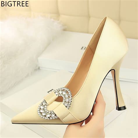 Fashion Womens High Heel Stiletto Scarpins Classic Crystal Satin Pumps