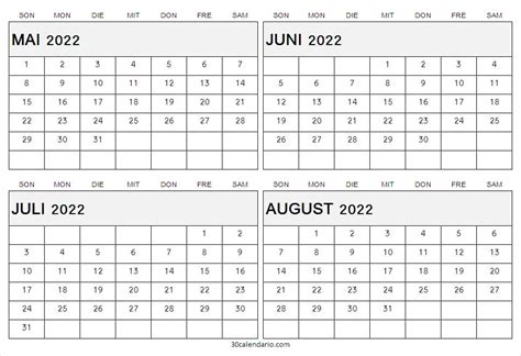 Mai Juni Juli August 2022 Kalender Drucken Drukbare Kalender 2022
