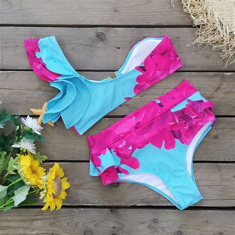 Printed Wide Ruffled Lace Up 2pcs Bikini Sets Split Swimsuit Wholesale Womens Swimwear Ssn534724