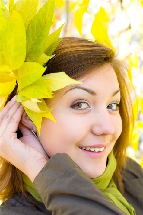 Beautiful Girl With Autumn Leaves Stock Image Image Of Green Eyes