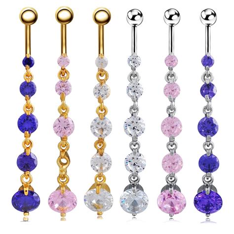 Color Fashion Long Chain Surgical Steel Navel Piercing Rhinestones