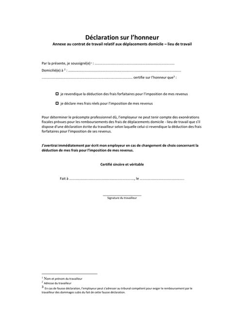 Modelé de déclaration sur lhonneur DOC PDF page sur