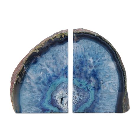Blue Agate Geode Bookends Crafted In Brazil Blue Crystal Novica