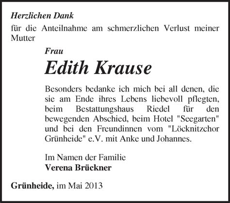 Traueranzeigen Von Edith Krause Märkische Onlinezeitung Trauerportal
