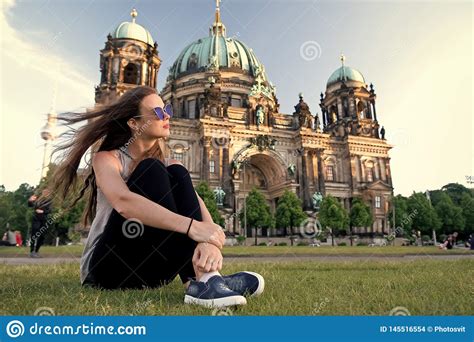 Carefree Girl Relax In Germany At Berlin Cathedral Pretty Girl Relax On Summer Grass Near
