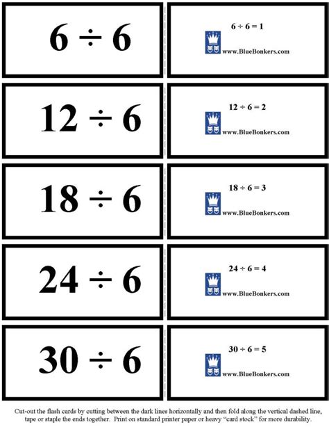 Bluebonkers Free Printable Division Flash Cards Sixes 1 5 P1