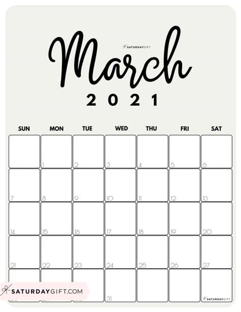 You can also generate a printable monthly pdf calendar for any year and print it on regular us letter, us legal, a3, a4, a5 paper size with page orientation is landscape or portrait. Cute (& Free!) Printable March 2021 Calendar | SaturdayGift