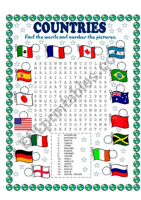 Word Search Countries And Number The Pictures Esl Worksheet By