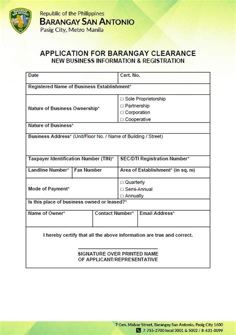 Application Form For Barangay Clearance Of New Business Bsa