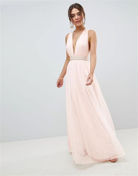 Asos Tulle Maxi Dress With Embellished Waist In Pink Lyst