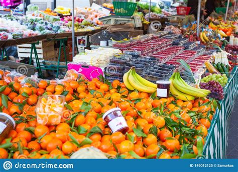 Big Choice Of Fresh Fruits And Vegetables On Market Counter Stock Image