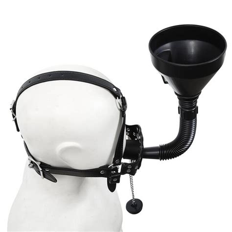 Bdsm Toilet Funnel Open Mouth Gag Mask Head Hood Pu Leather Oral Enema