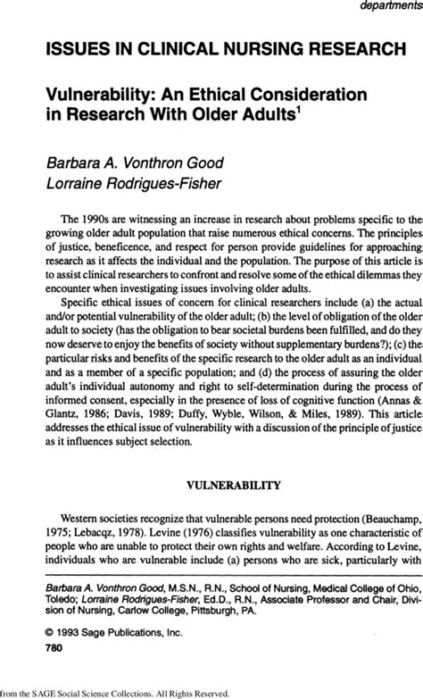 Vulnerability An Ethical Consideration In Research With Older Adults