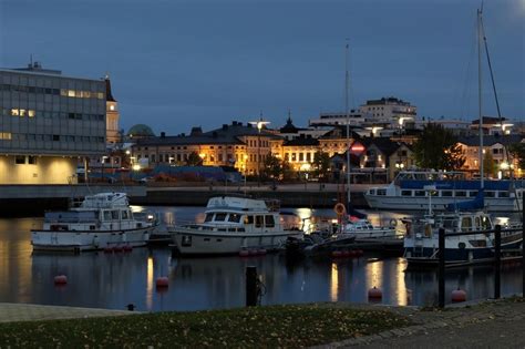Boats In Harbor At Night City Finland Oulu Free Image Download