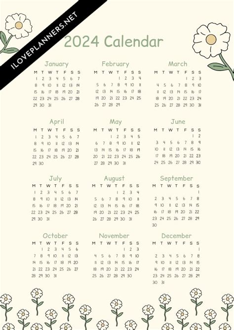 Flower 2024 Calendar Template I Love Planners