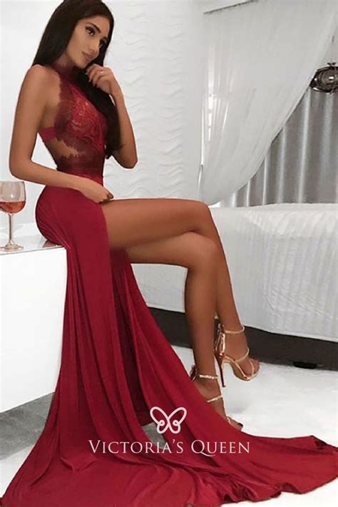 Dark Red Lace And Jersey Sexy Double Slit Halter Neck Long Prom Dress