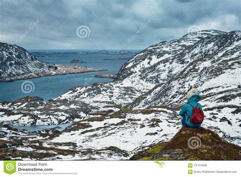 Woman Tourist On Lofoten Islands Norway Stock Photo Image Of