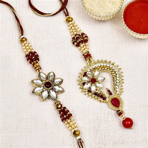 Kundan Studded Bhaiya Bhabhi Rakhi Embellished With Beads Gift Send