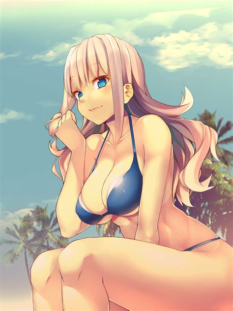 Original Characters Cleavage Blue Eyes Big Boobs Pink Hair Looking