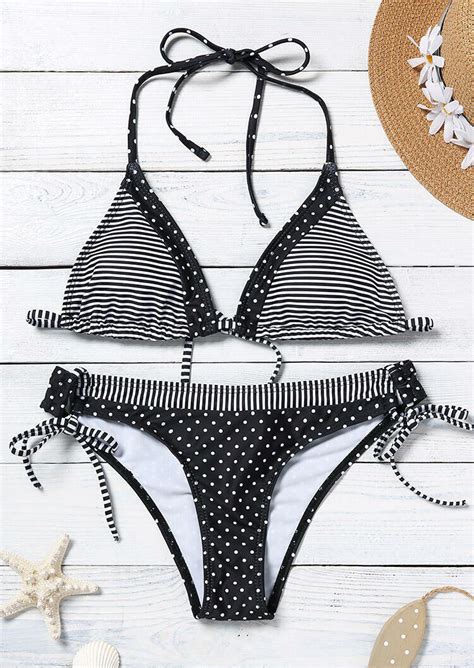 Polka Dot Striped Tie Halter Bikini Set Black Fairyseason