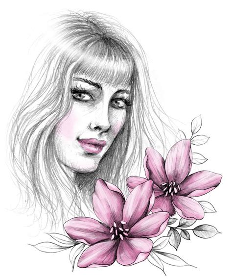 Flower In Woman Head Vector Line Illustration Line Drawing One Line