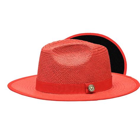Bruno Capelo Red Black Bottom Flat Brim Straw Fedora Hat