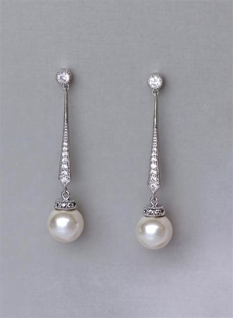 Pearl Dangle Earrings White Gold Pearl Drop Earrings Crystal Etsy