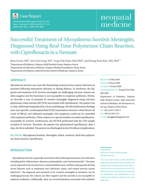 Pdf Successful Treatment Of Mycoplasma Hominis Meningitis Diagnosed