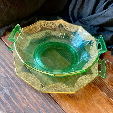 Cambridge Etched Uranium Glass Serving Bowl And Platter With Etsy