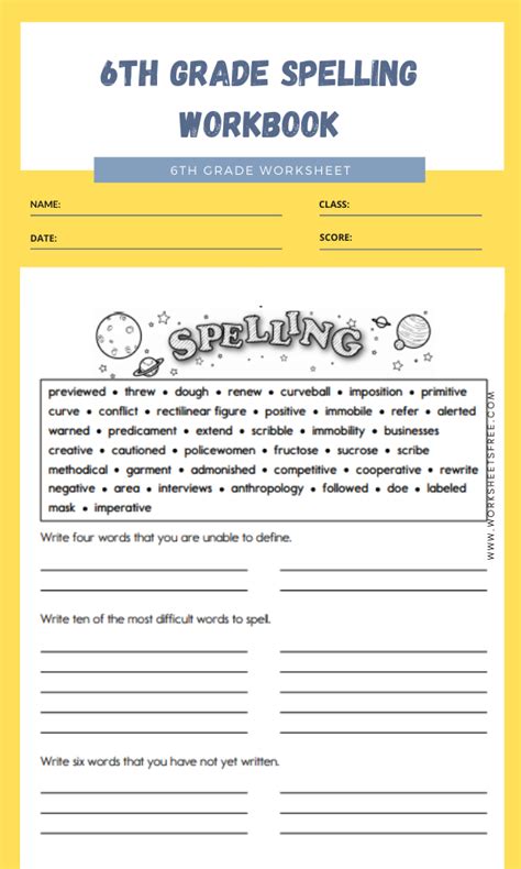 6th Grade Spelling Workbook Worksheets Free