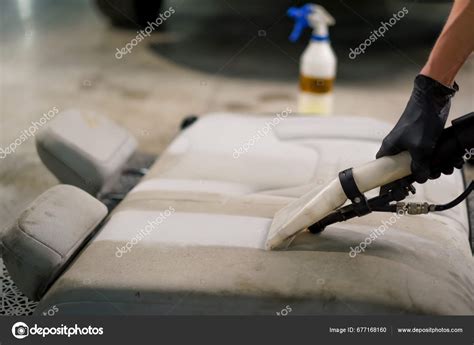 Close Car Wash Worker Using Vacuum Cleaner Clean White Car Stock Photo