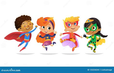 Super Kids Set Boys And Girls In Superhero Costumes Colorful Vector