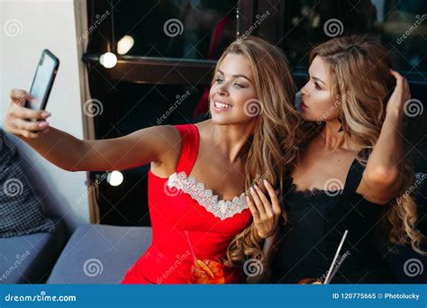 Two Attractive Girls Taking Selfie Together Stock Image Image Of