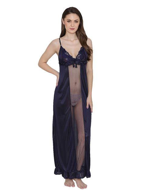 Buy N Gal Women S Satin Sheer Lace Nighty Night Dress Nightwear With G String At Amazon In