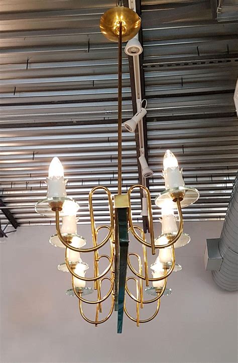 Mid Century Modern Chandelier With Light Green Glass And Brass