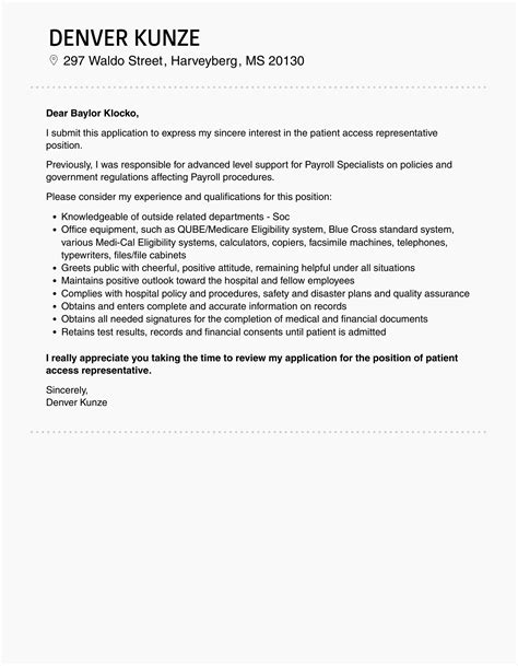 Patient Access Representative Cover Letter Velvet Jobs