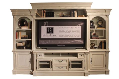 Fremont 4 Piece Entertainment Wall In Vintage Burnished White Finish By