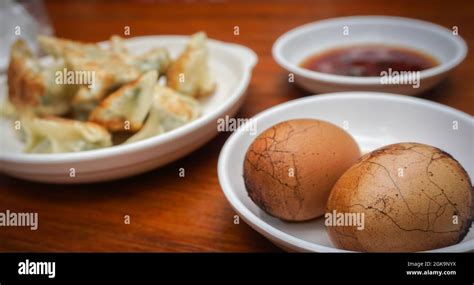 Traditional Chinese Breakfast With Tea Eggs Pan Fried Dumpling