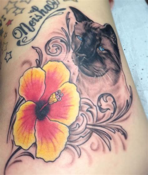 Cat Tattoo With Hibiscus Flower Hibiscus Flower Tattoos Hibiscus