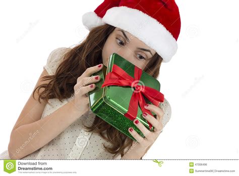 Curious Christmas Woman Peeking Into T Box Stock Photo Image Of